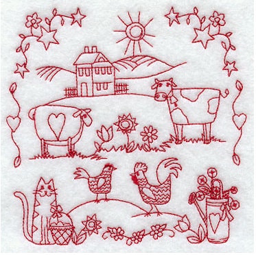 Embroidered Vintage Farm Scene White Flour Sack Towel/Tea Towel/Kitchen Towel