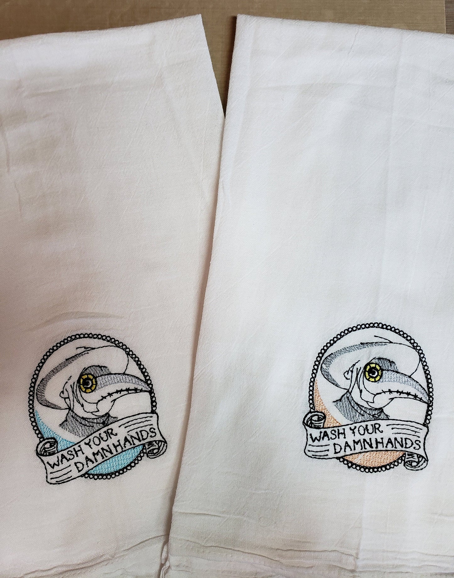 Embroidered Plague Doctor Wash Your Damn/Darn Hands White Flour Sack Towel/Tea Towel/Kitchen Towel