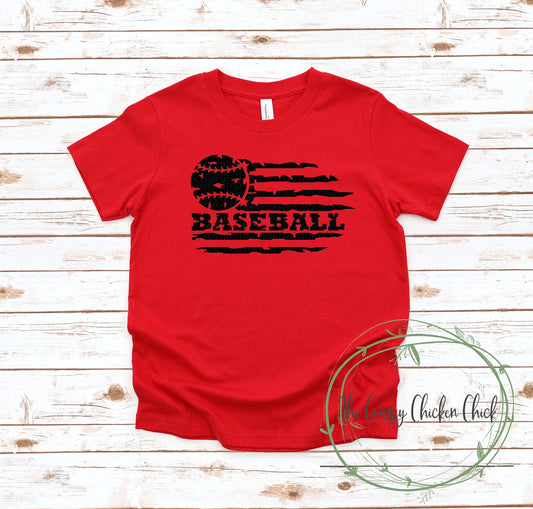 Baseball or Softball with American Distressed Flag ~ Unisex T-Shirt or Ladies Tank Tops ~ Adult, Youth and Toddler Sizes