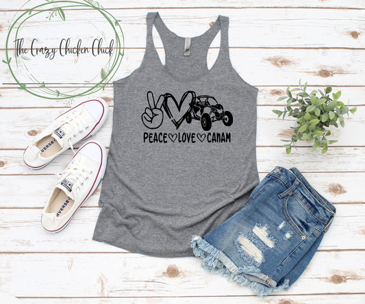 Peace Love and Can Am ~  Off roading, Sxs, personalizable ~Ladies Tank Tops ~ Adult, Youth and Toddler Sizes