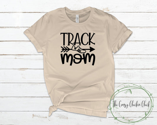 Track Mom with running shoe and heart ~ Track and Field ~ Adult Unisex T~Shirt or Ladies Tank Top