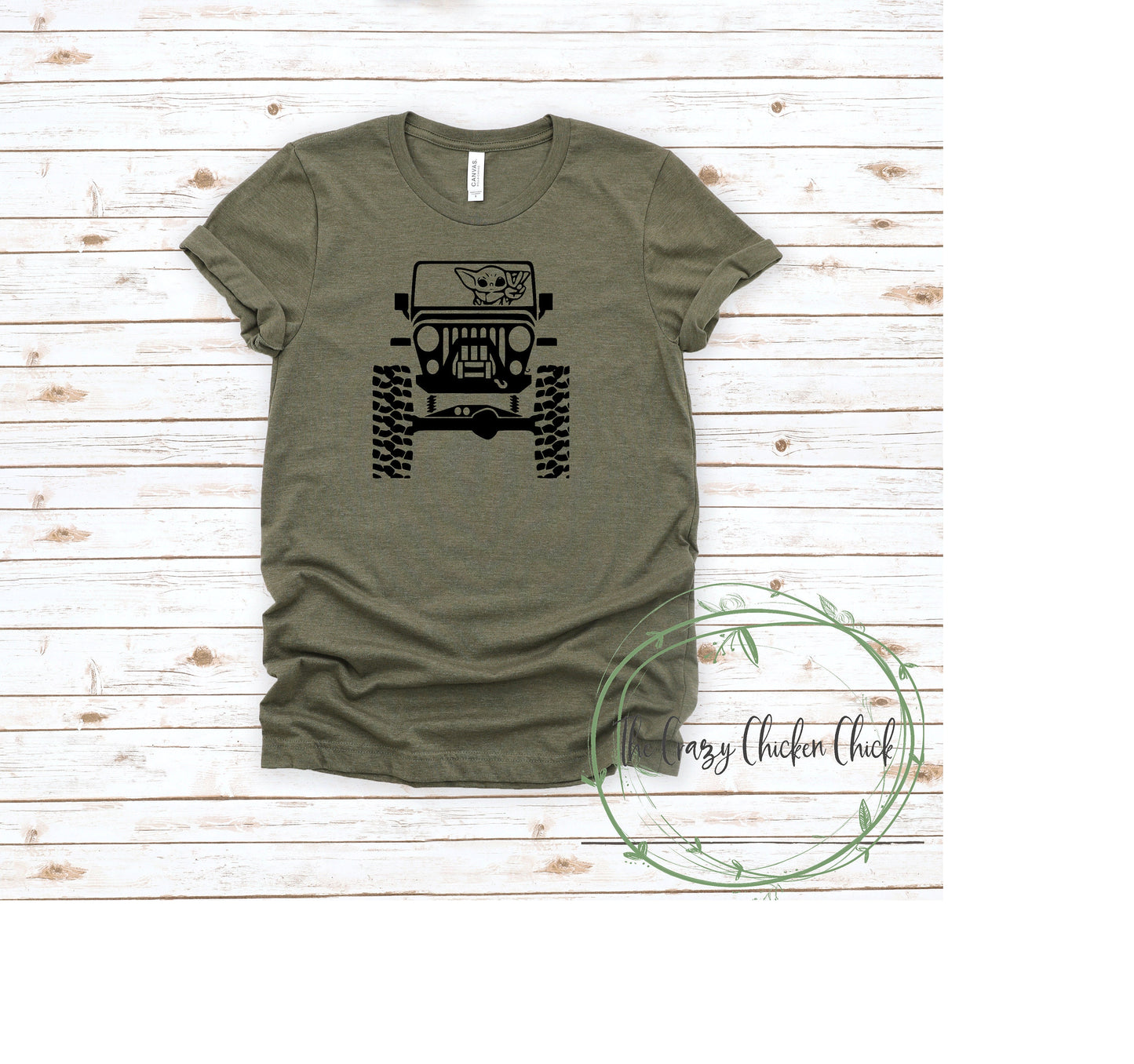 Baby Yoda in a Jeep giving the Peace Sign ~The Child, Baby Yoda, Grogu ~ Unisex T-Shirt or Tank Top - Adult, Youth and Toddler Sizes