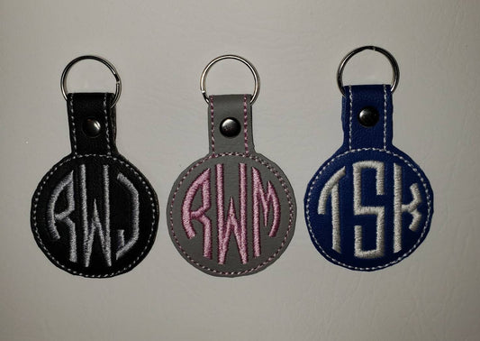 Embroidered Monogrammed Round Keychain or Fob Lots of Colors Available