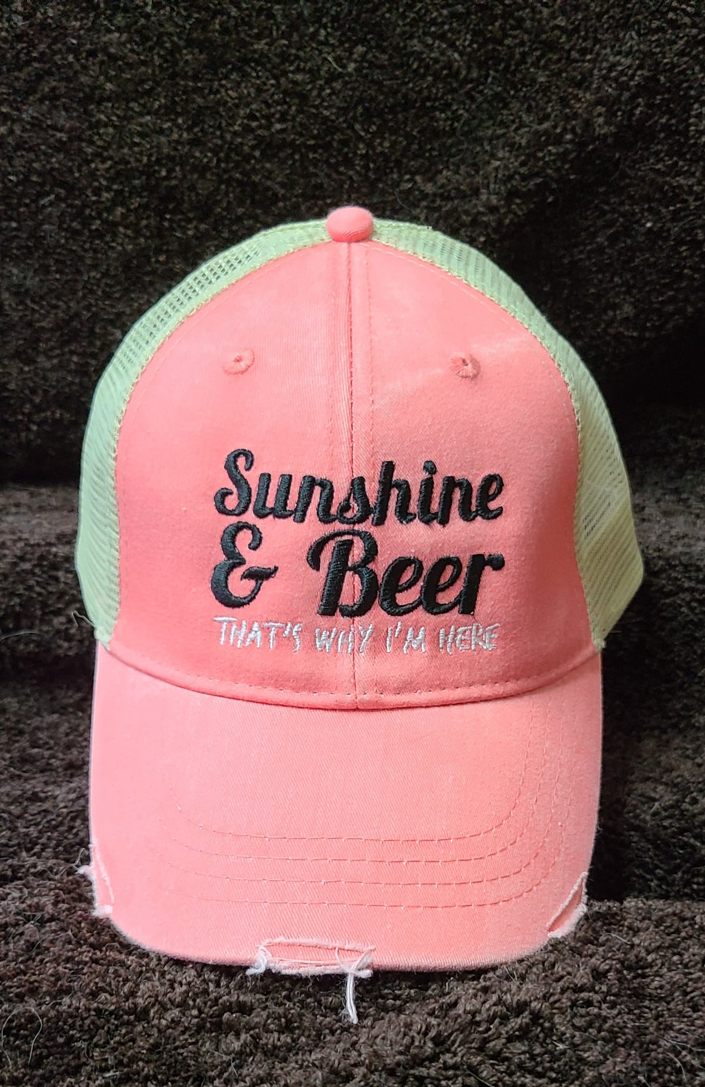 Sunshine and Beer That's Why I'm Here Distressed Unisex Adjustable Trucker Baseball Hat -  personalize!